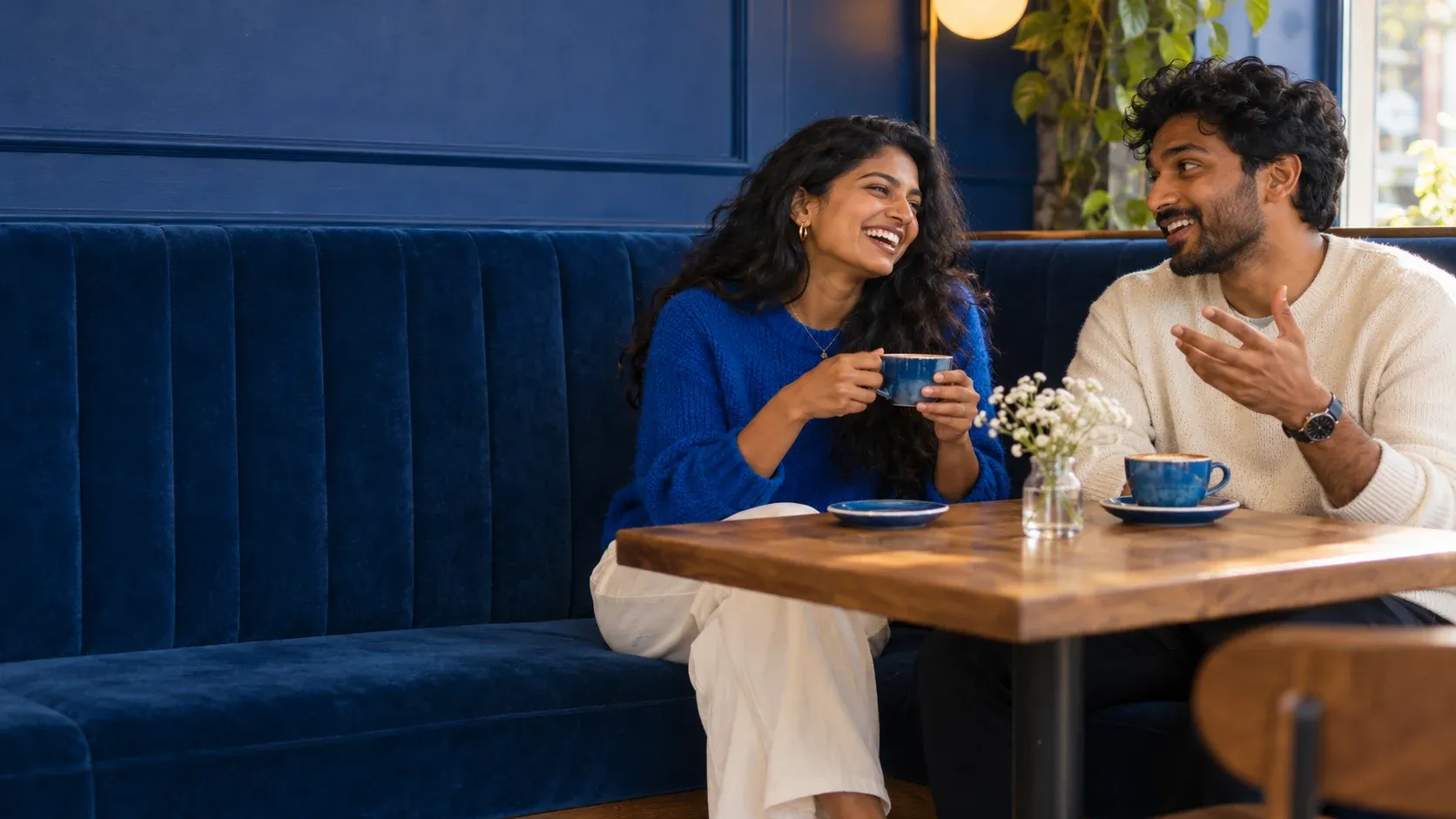 Two adults talking over coffee at a cafe.