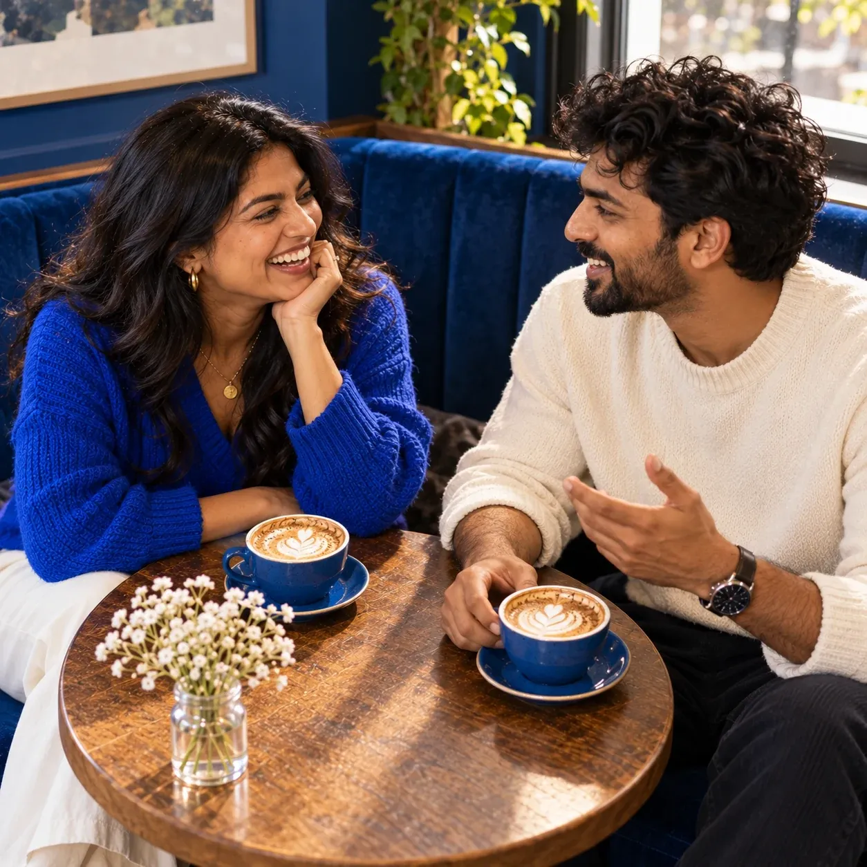 Two adults talking over coffee at a cafe.
