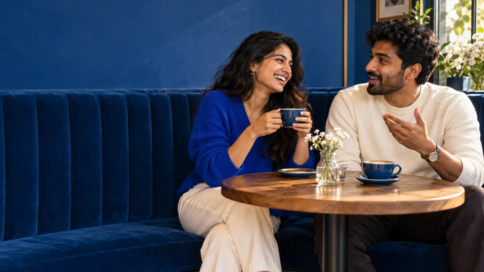 Two adults talking over coffee at a cafe.